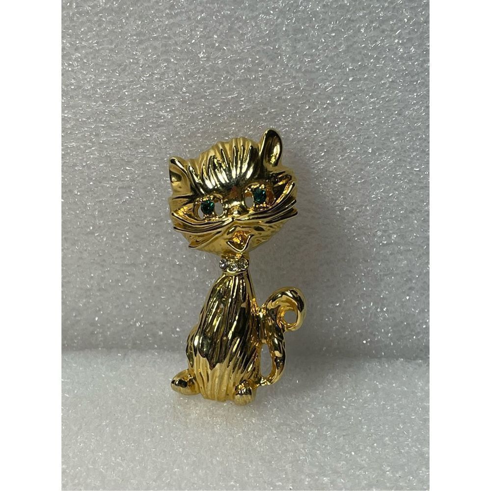 Two Sisters Green Eyes Cat Gold Tone Brooch Pin
